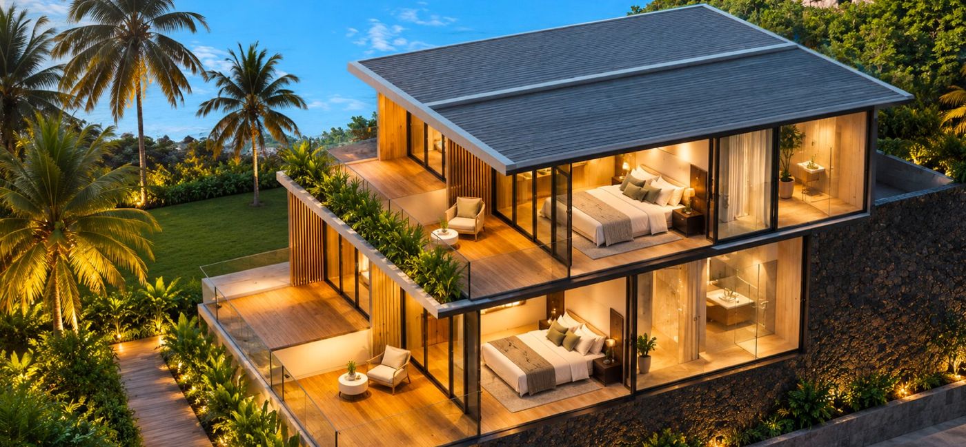 Villa hai tầng trên đồi với ban công và đèn ấm